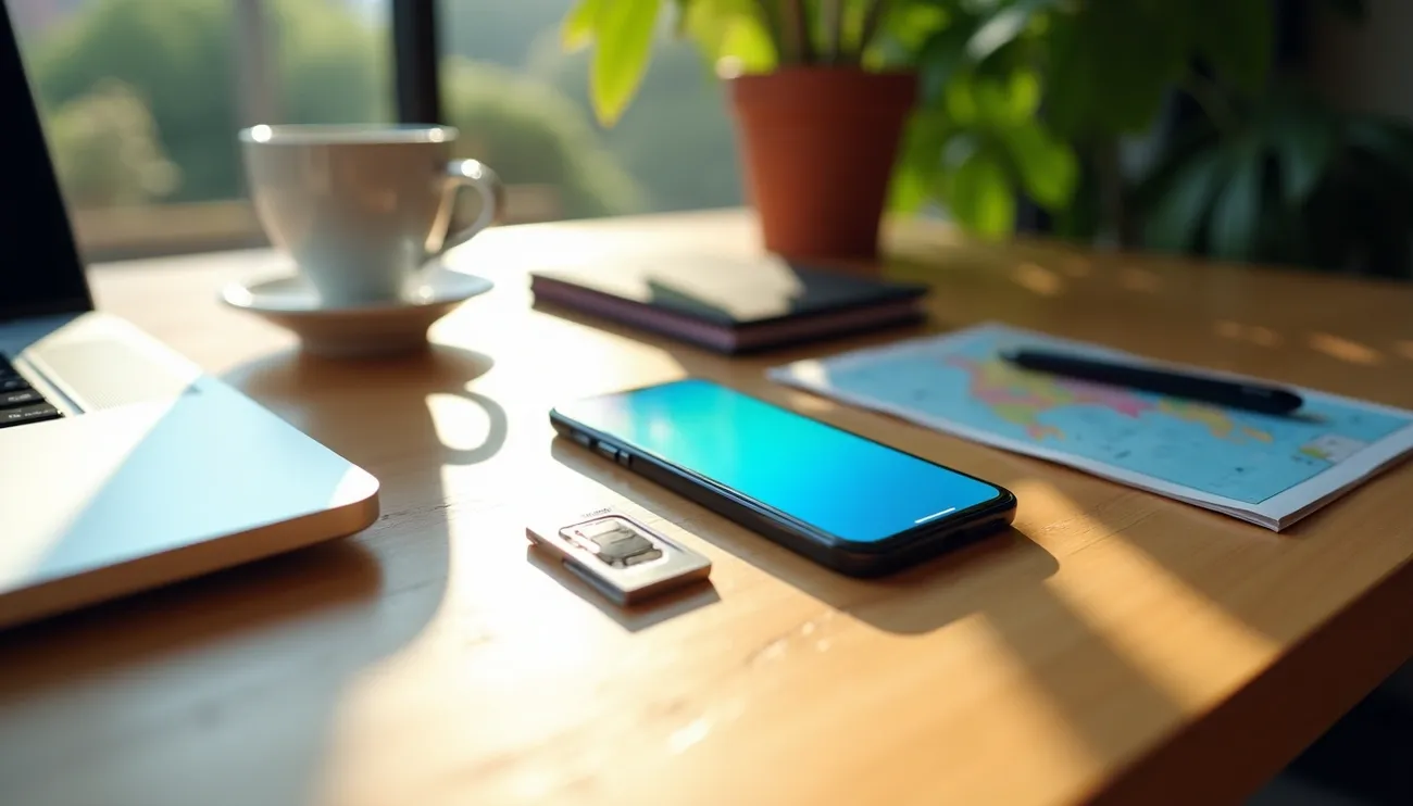 Workspace with laptop, smartphone, eSIM card, map, and coffee cup in natural light for digital nomads in 2025