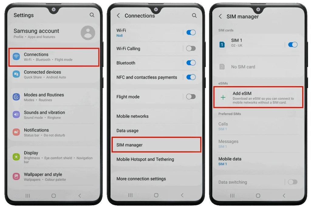 Screenshot of phones showing the SIM manager area on android