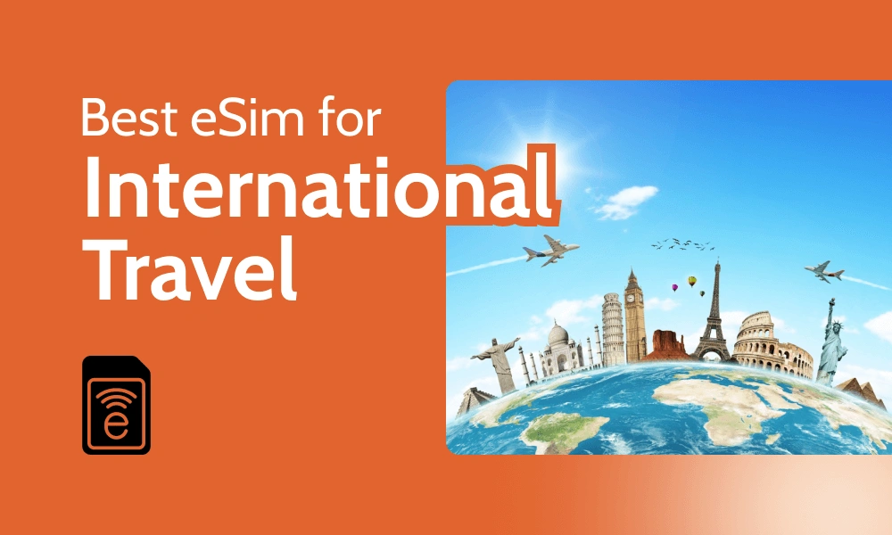 Title Best eSIM for International travel and showing a globe with famous landmarks