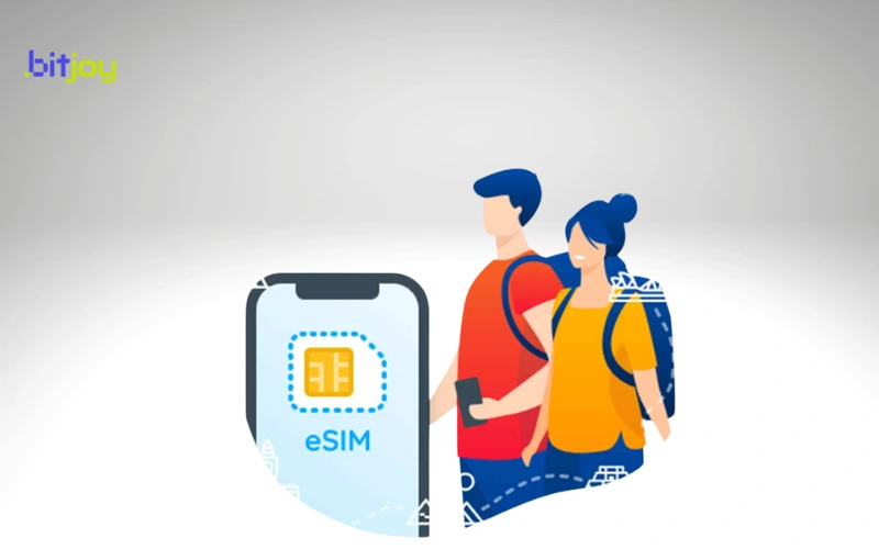 Illustration of 2 people and a phone with esim