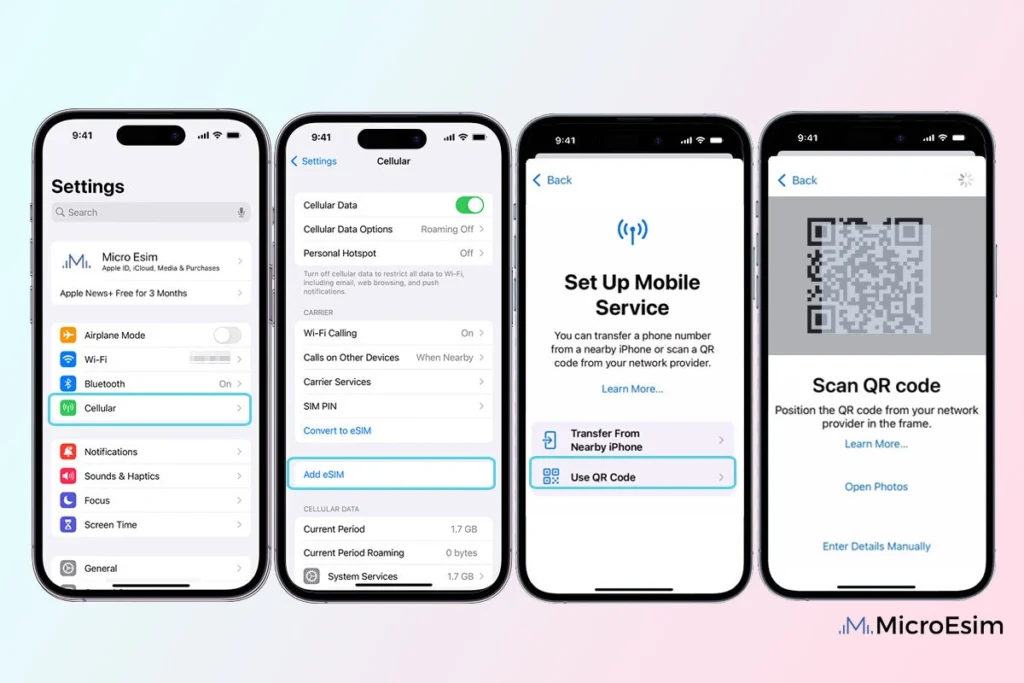 Screenshots of iphones showing how to setup an esim